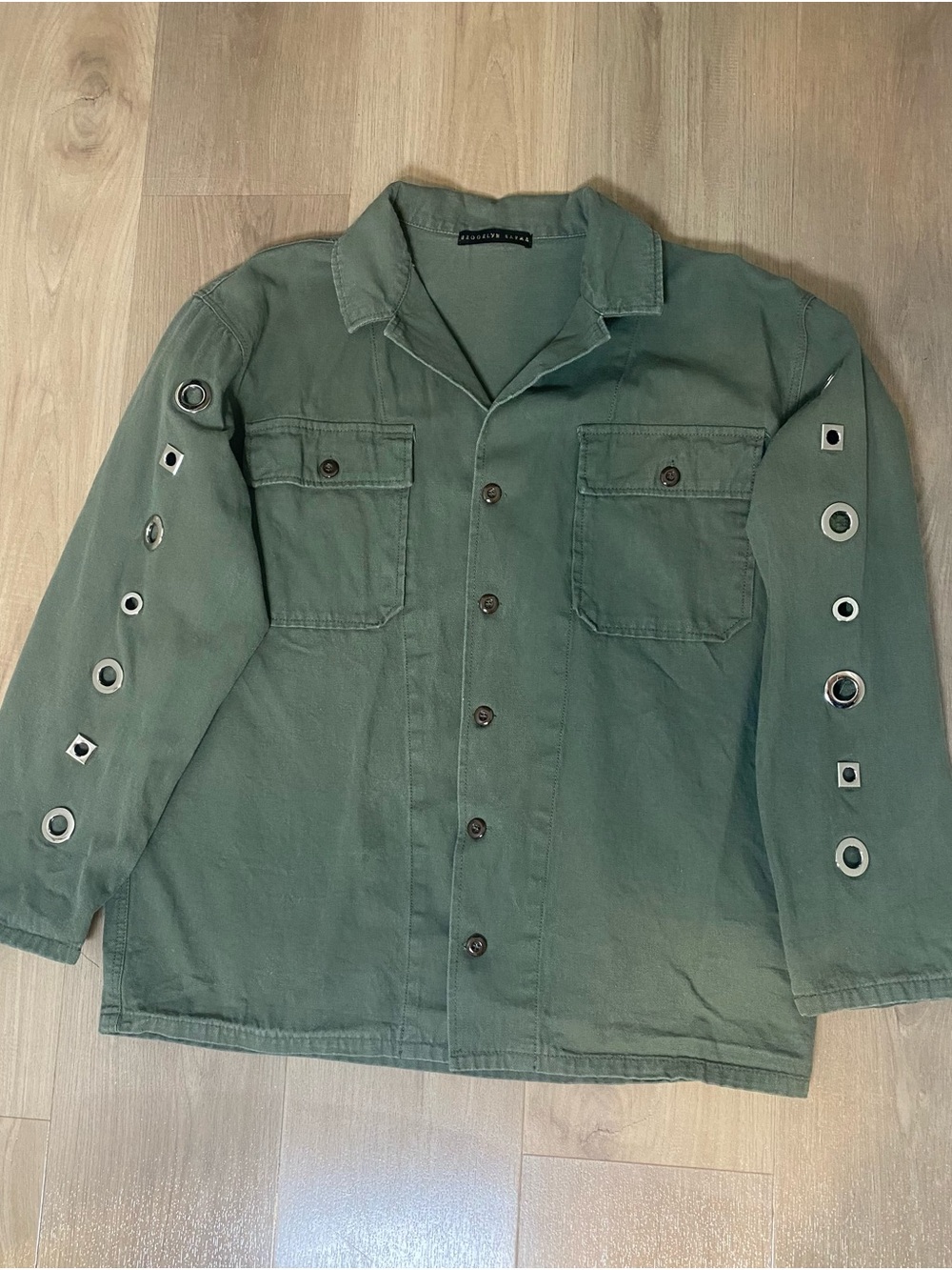 Brooklyn Karma Women Green Shacket Utility Jacket Geometric Grommets Pockets S - Picture 4 of 14